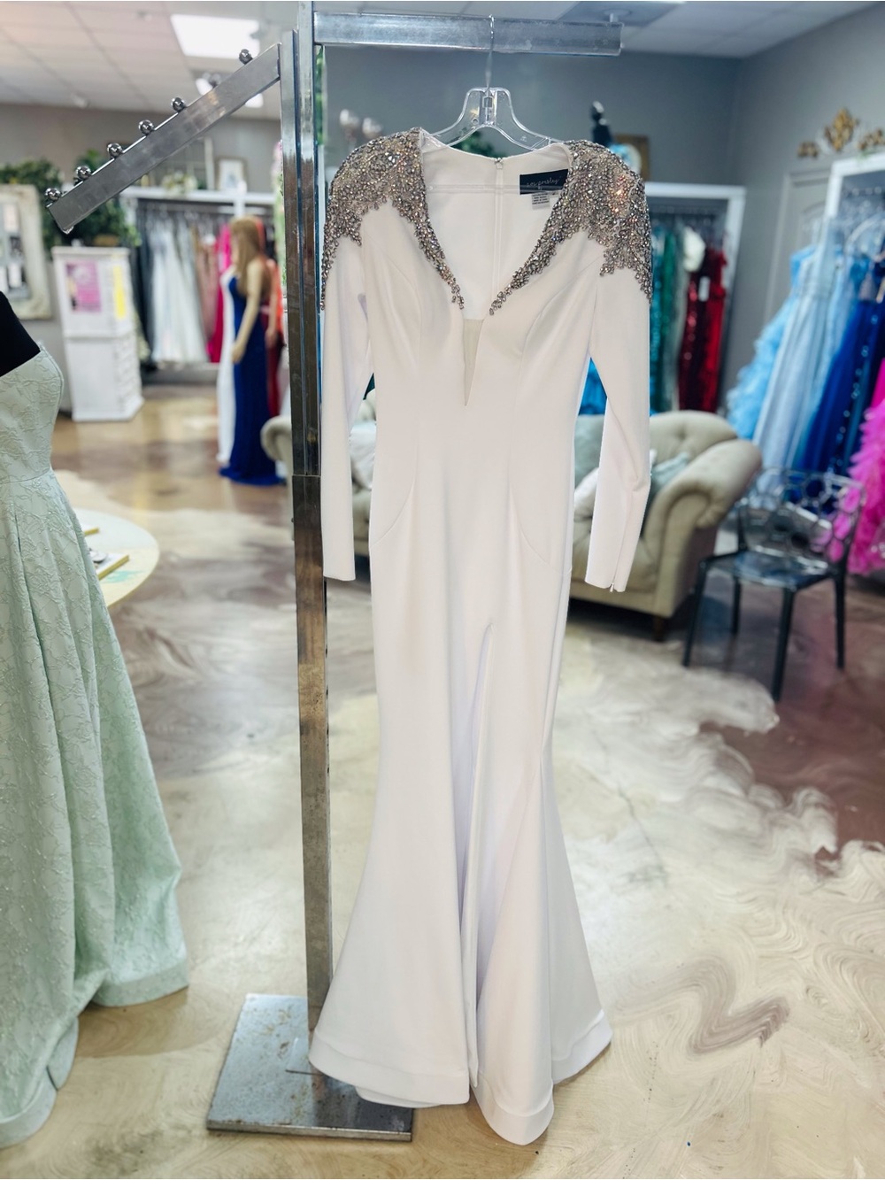 Long-Sleeve White Evening Gown with Embellished Shoulders - Picture 1 of 6